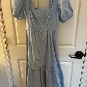 Blue Cotton Midi Dress with Side Slit